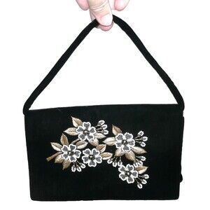 VTG Black Velvet Evening Bag w Beaded Flowers and Gold Thread Leaf Accents